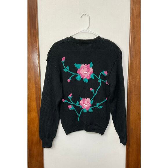 VTG Roses Cotton Knit Pullover Sweater Front Pockets Size Large Shoulder Pads - Picture 3 of 5